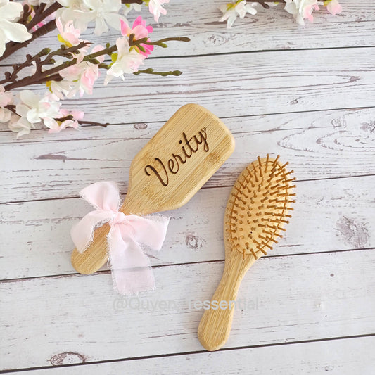 Personalized bamboo hair brush with bow, engraved eco-friendly gift