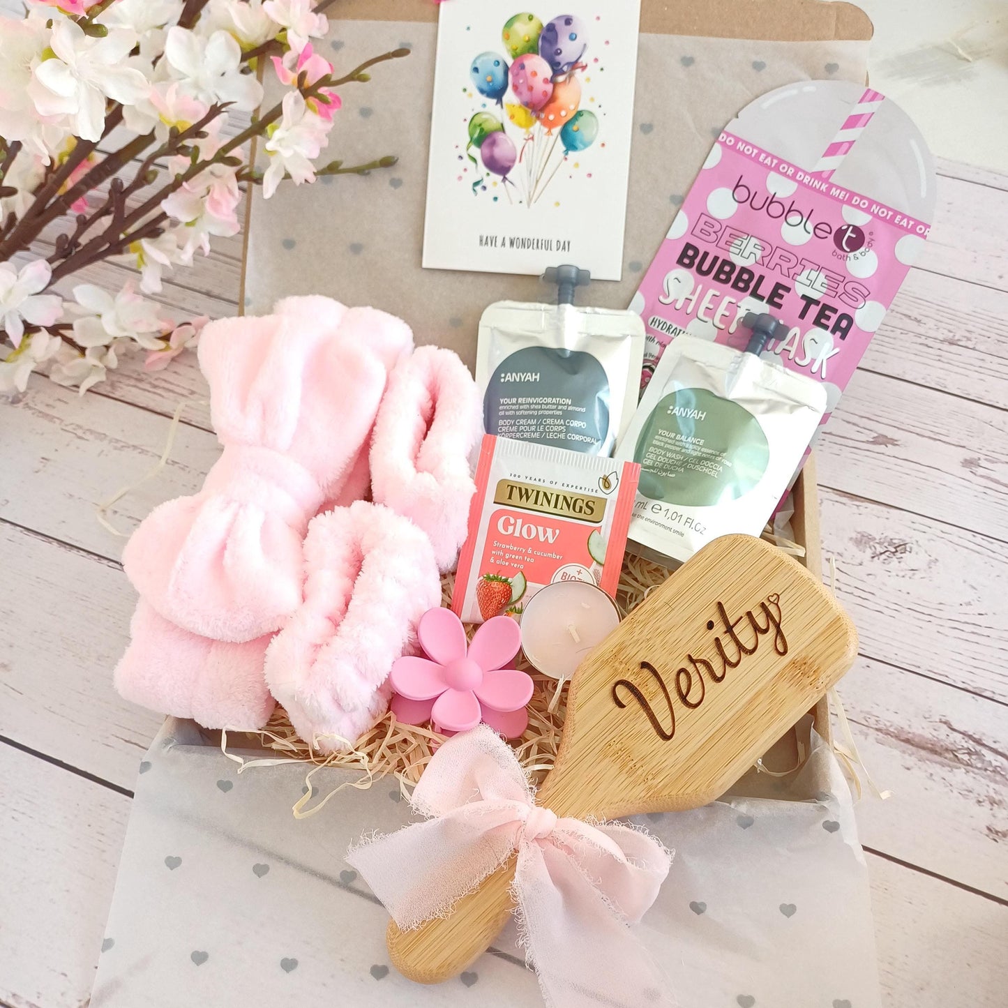 Personalized spa gift box: engraved hair brush, self-care set