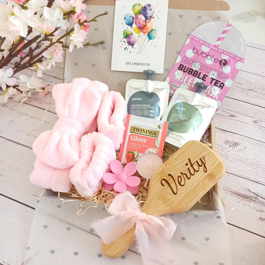Personalized spa gift box: engraved hair brush, self-care set