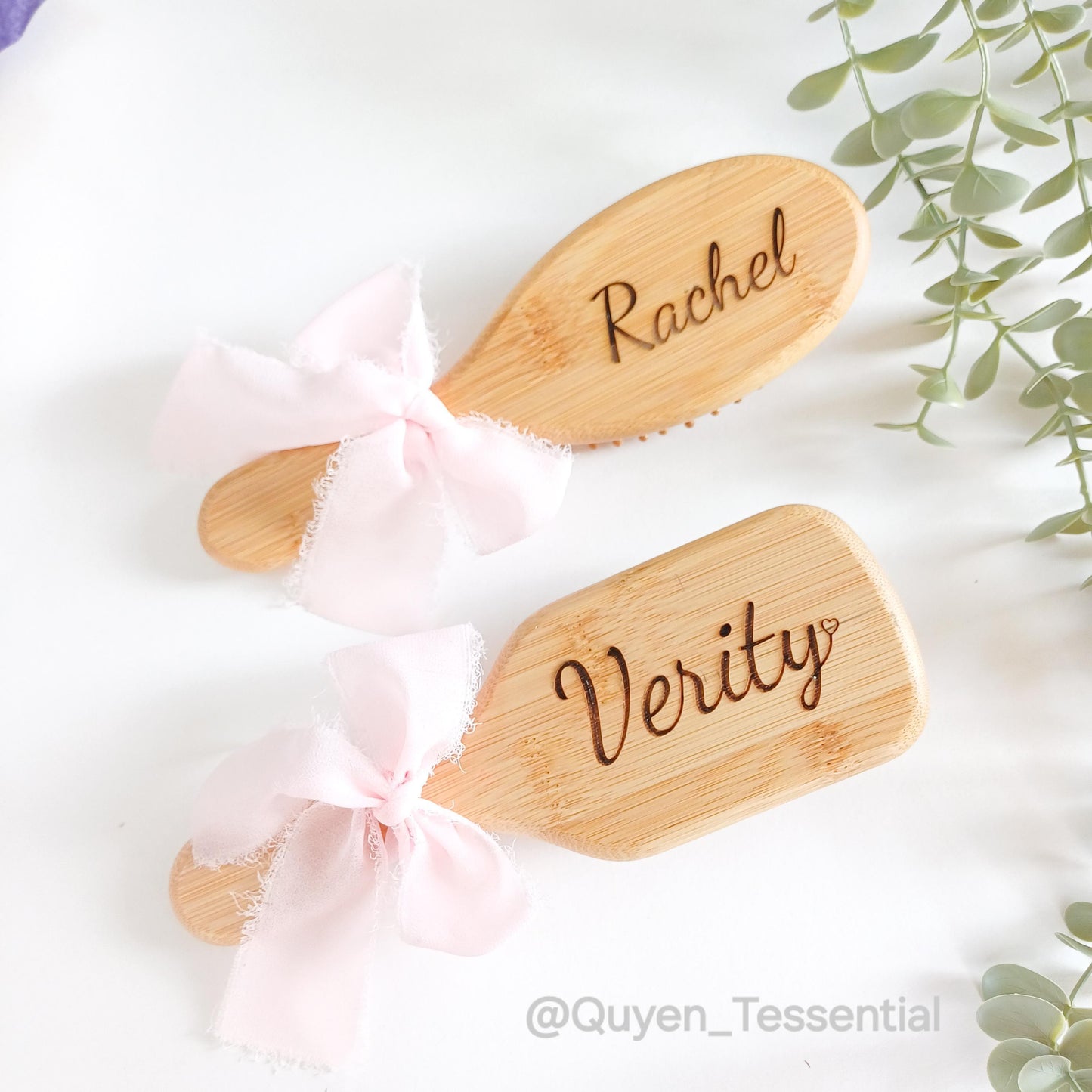Personalized bamboo hair brush with bow, engraved eco-friendly gift