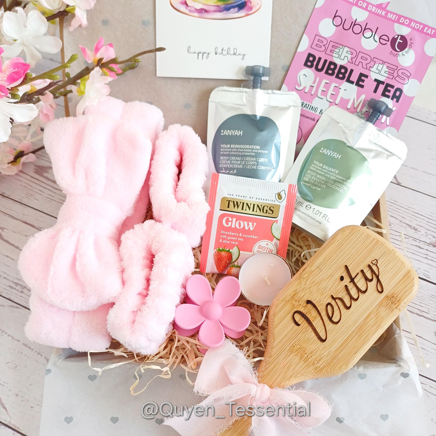 Personalized spa gift box: engraved hair brush, self-care set