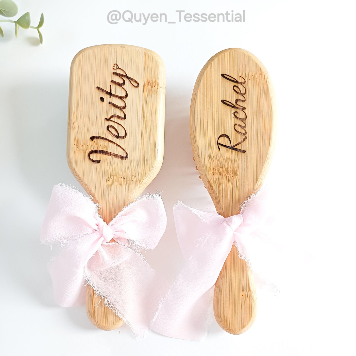 Personalized bamboo hair brush with bow, engraved eco-friendly gift
