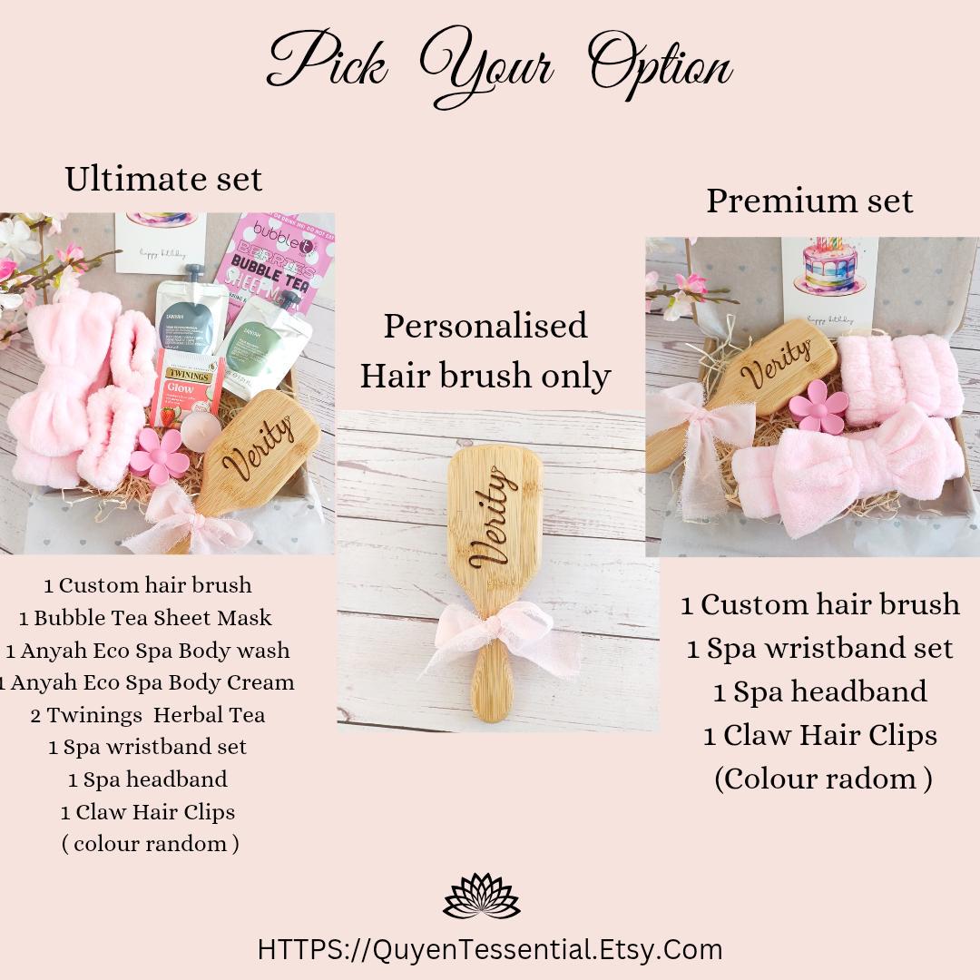 Personalized spa gift box: engraved hair brush, self-care set