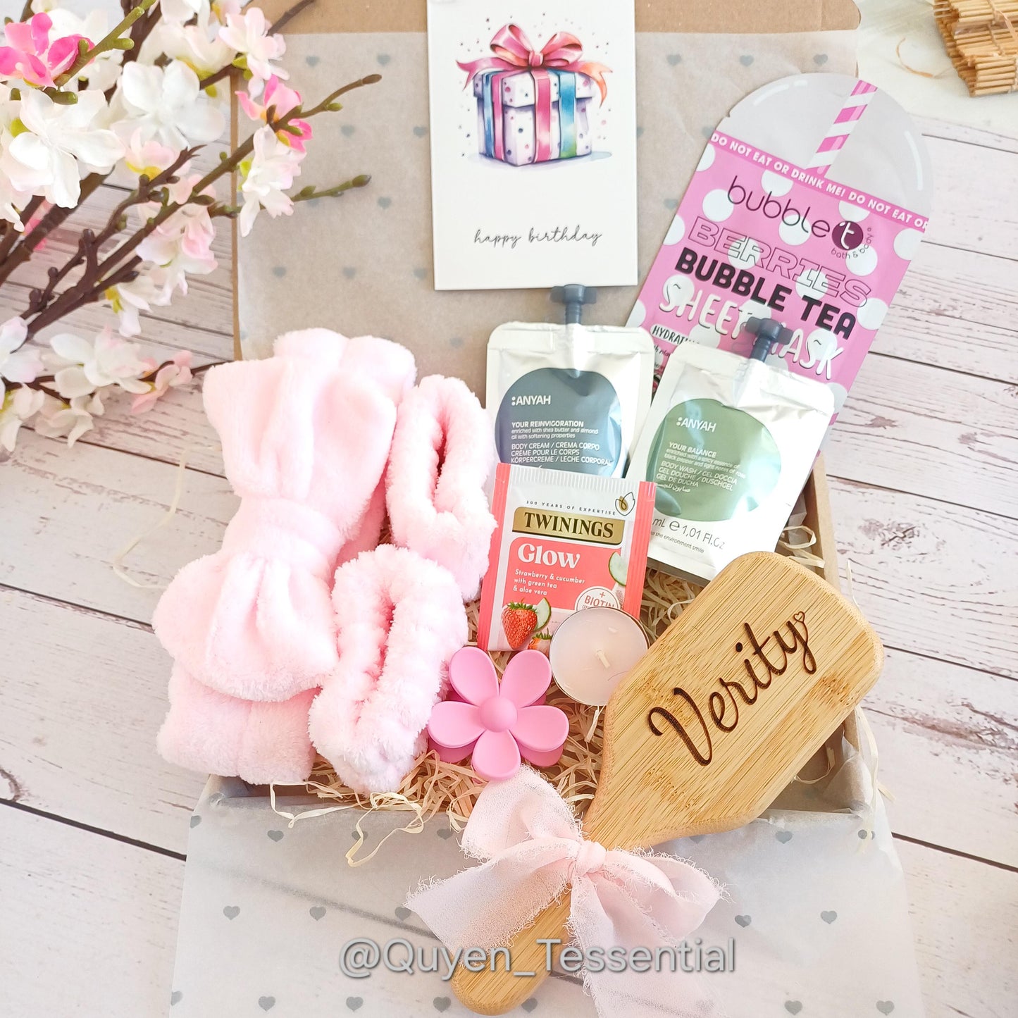 Personalized spa gift box: engraved hair brush, self-care set