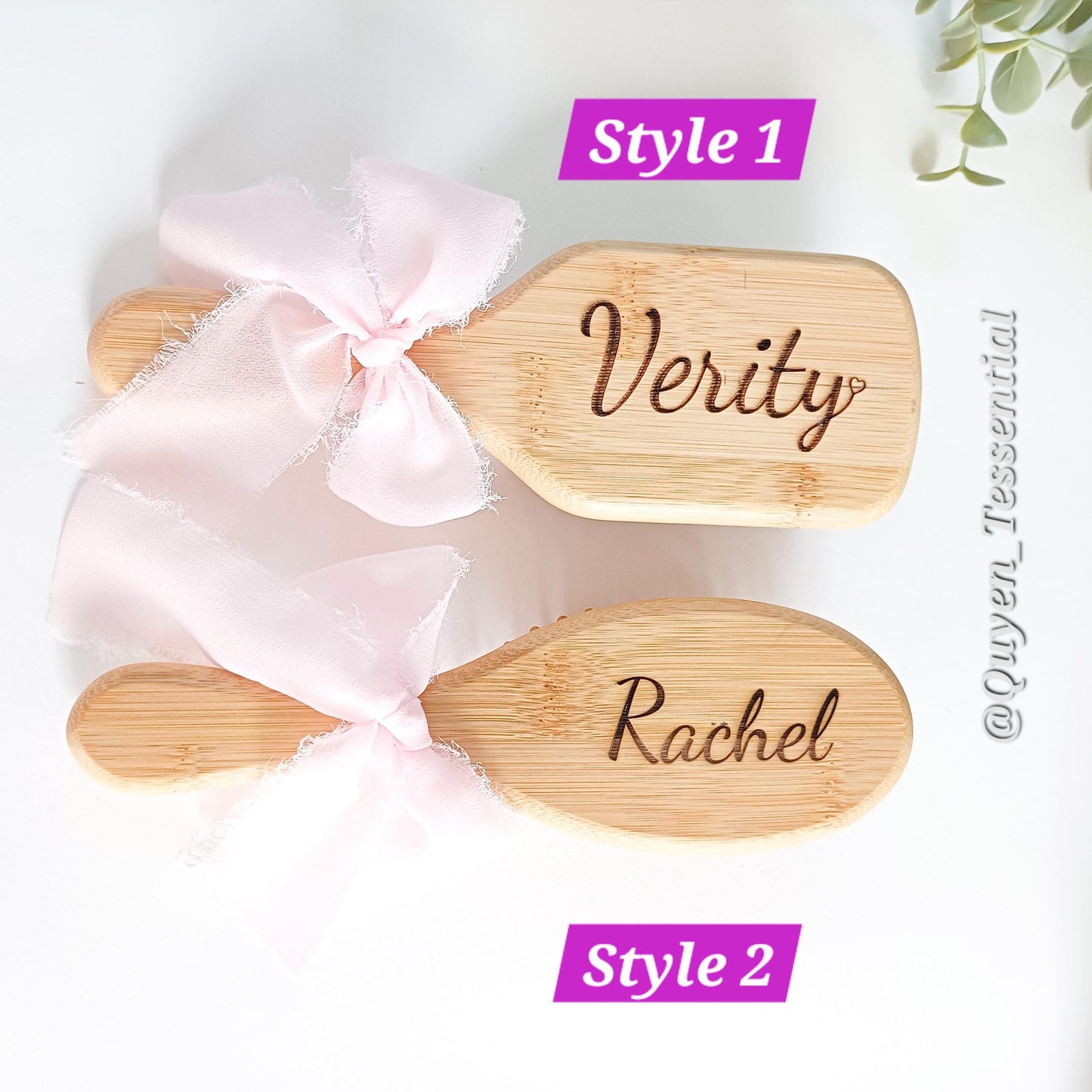 Personalized bamboo hair brush with bow, engraved eco-friendly gift