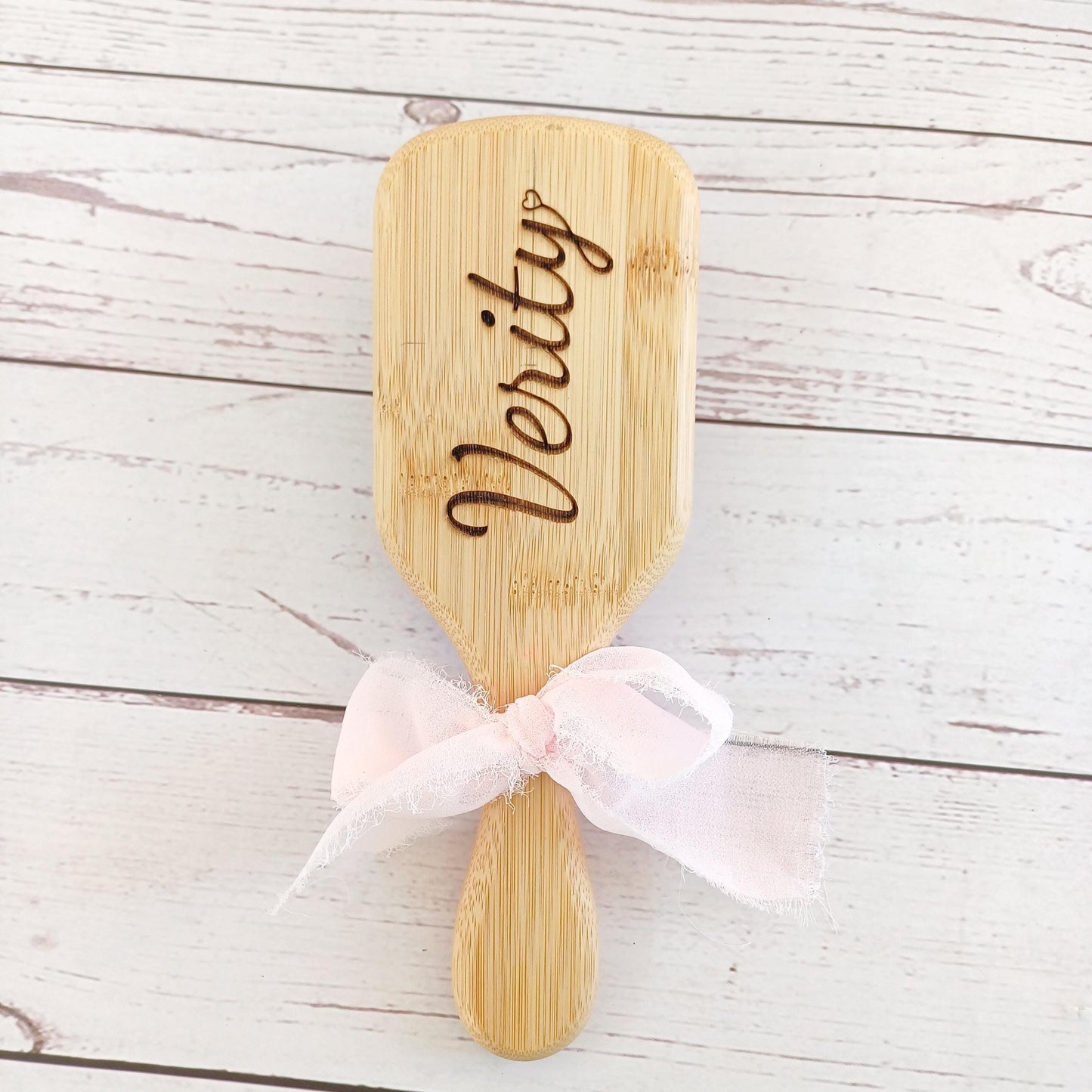 Personalized bamboo hair brush with bow, engraved eco-friendly gift