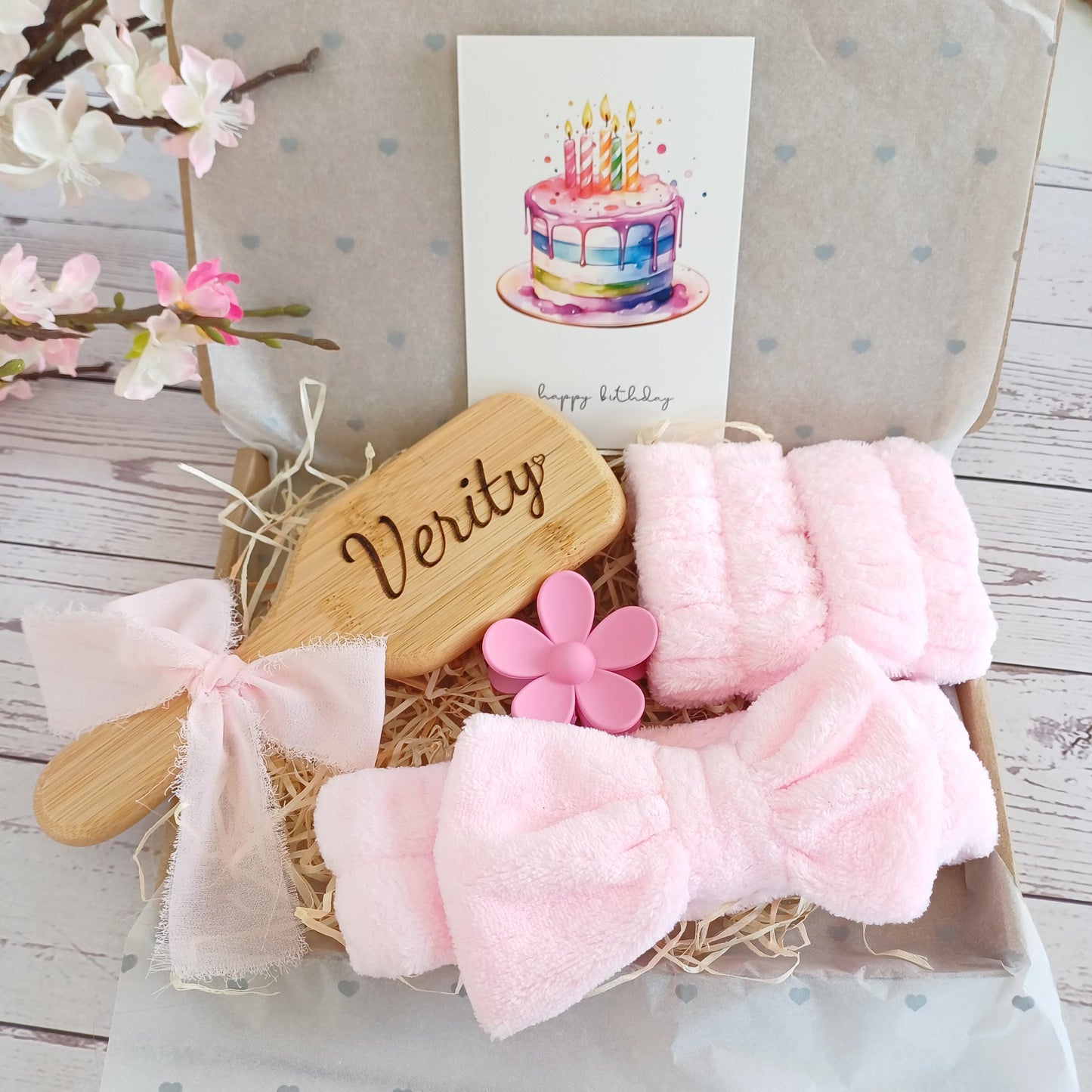 Personalized spa gift box: engraved hair brush, self-care set