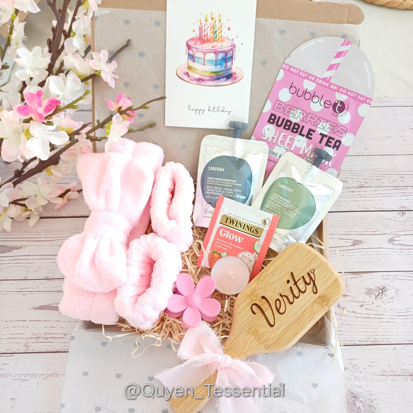 Personalized spa gift box: engraved hair brush, self-care set