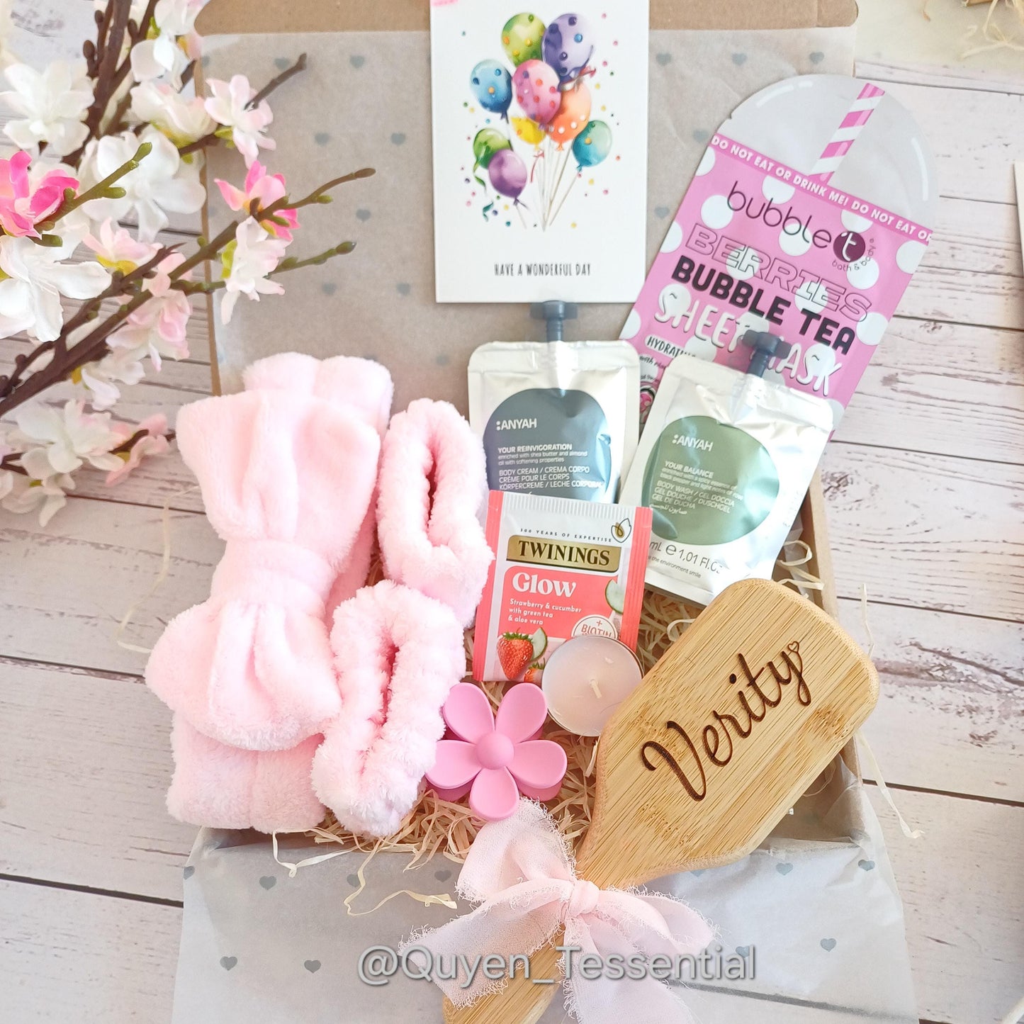 Personalized spa gift box: engraved hair brush, self-care set