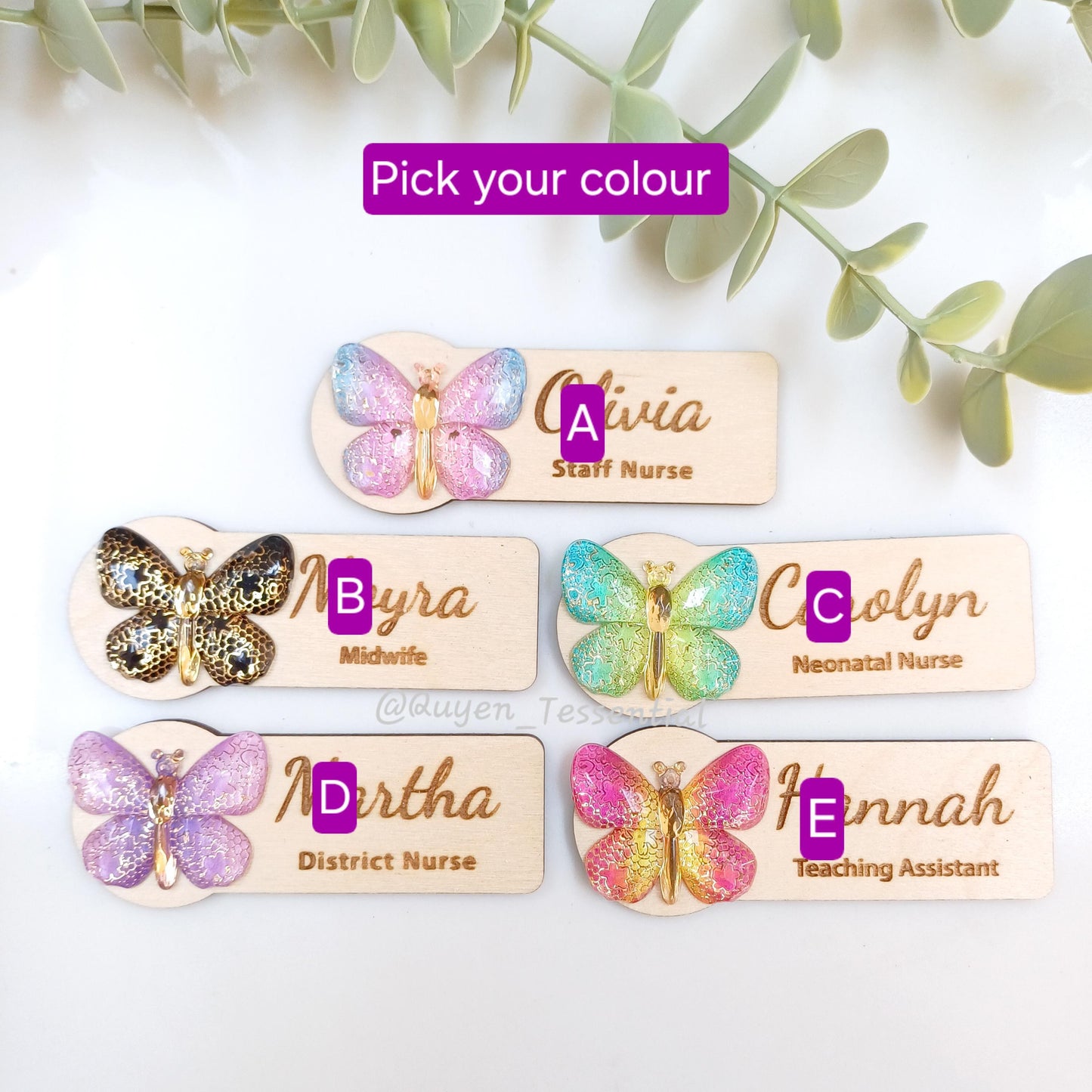 3d butterfly name badge: personalized wooden teacher/nurse gift