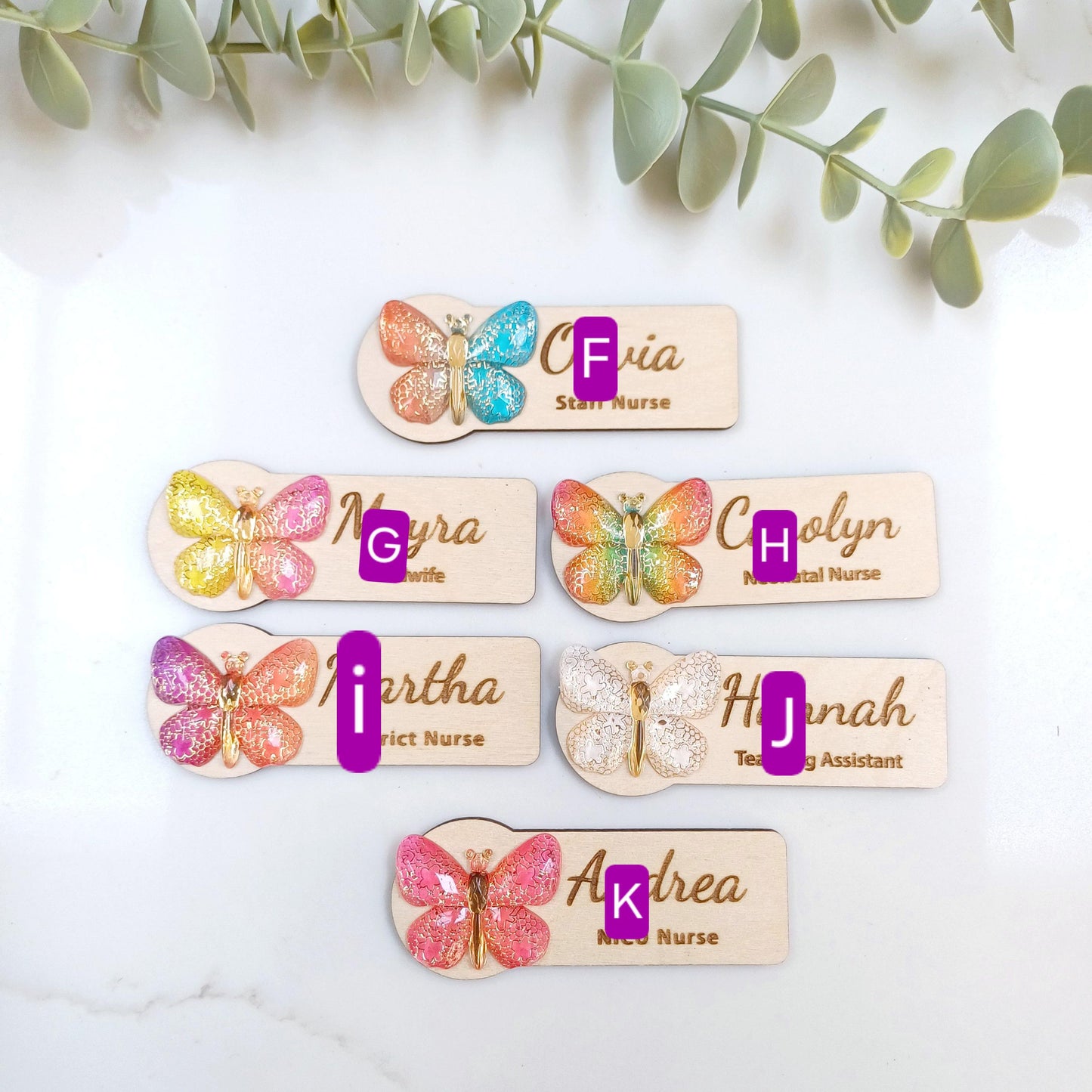 3d butterfly name badge: personalized wooden teacher/nurse gift