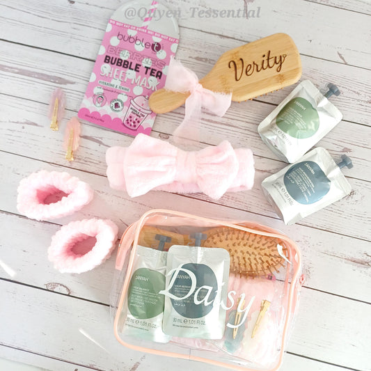 Personalized spa gift set, clear cosmetic bag, engraved brush