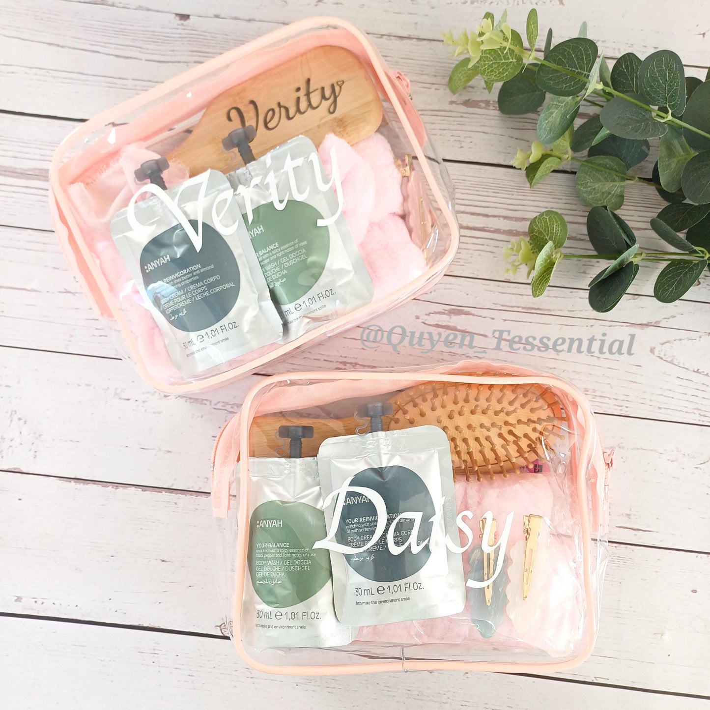 Personalized spa gift set, clear cosmetic bag, engraved brush