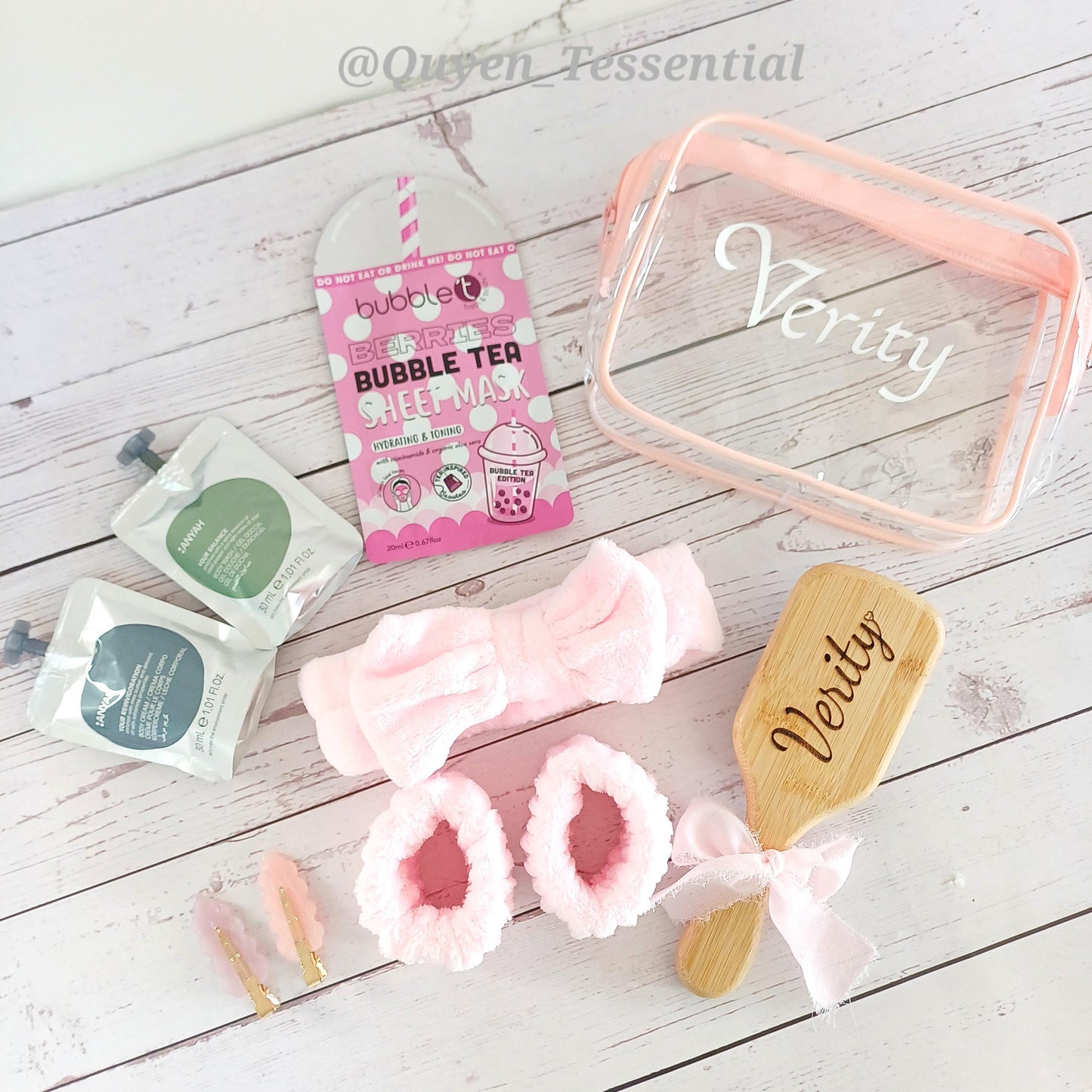 Personalized spa gift set, clear cosmetic bag, engraved brush