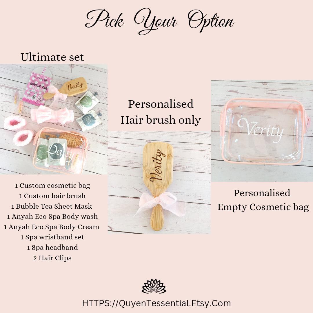 Personalized spa gift set, clear cosmetic bag, engraved brush