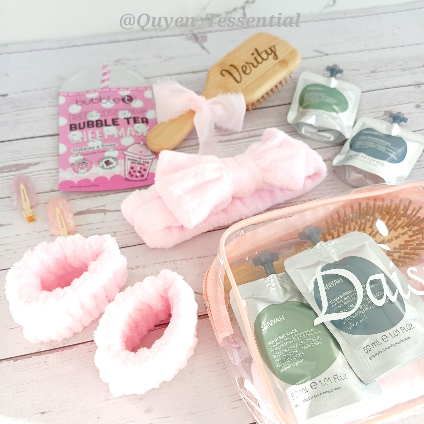 Personalized spa gift set, clear cosmetic bag, engraved brush