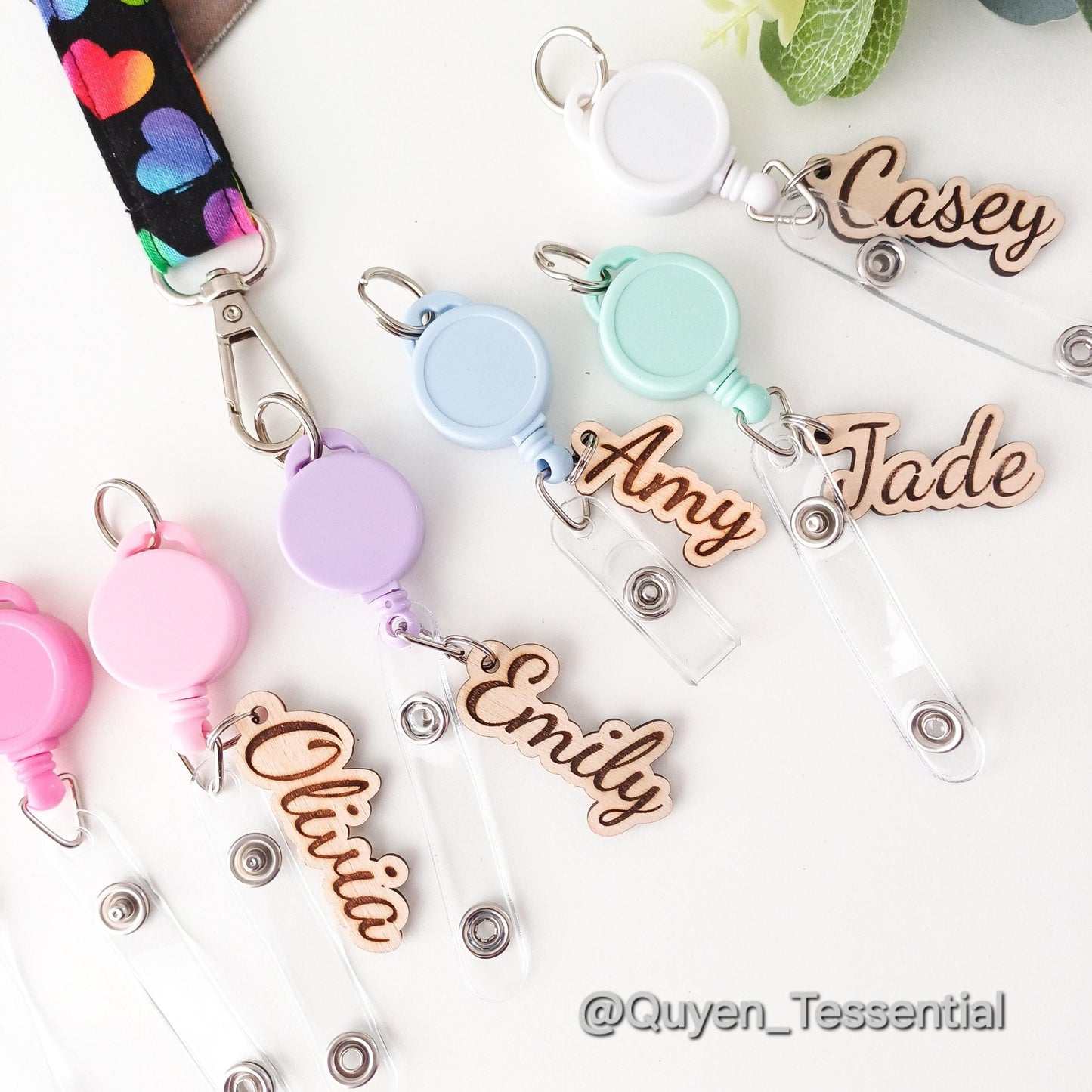 Personalized Boho Name Badge Reel Engraved Wood ID Holder