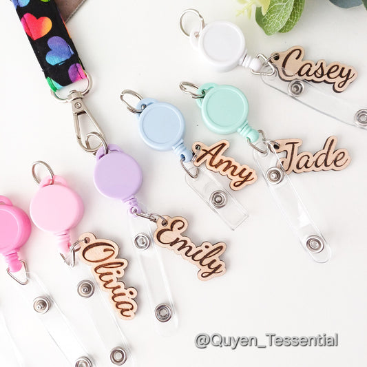 Personalized Boho Name Badge Reel Engraved Wood ID Holder