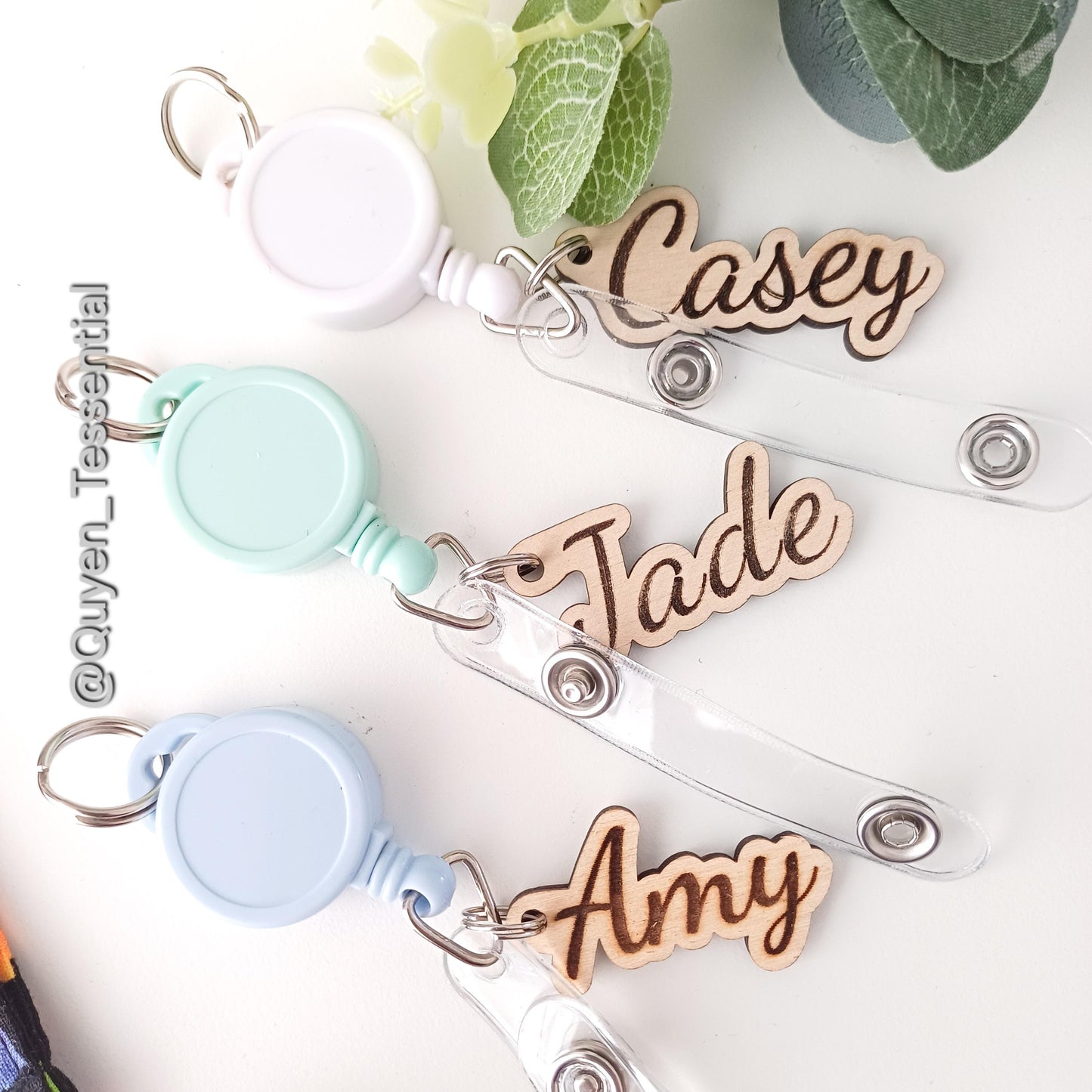 Personalized Boho Name Badge Reel Engraved Wood ID Holder