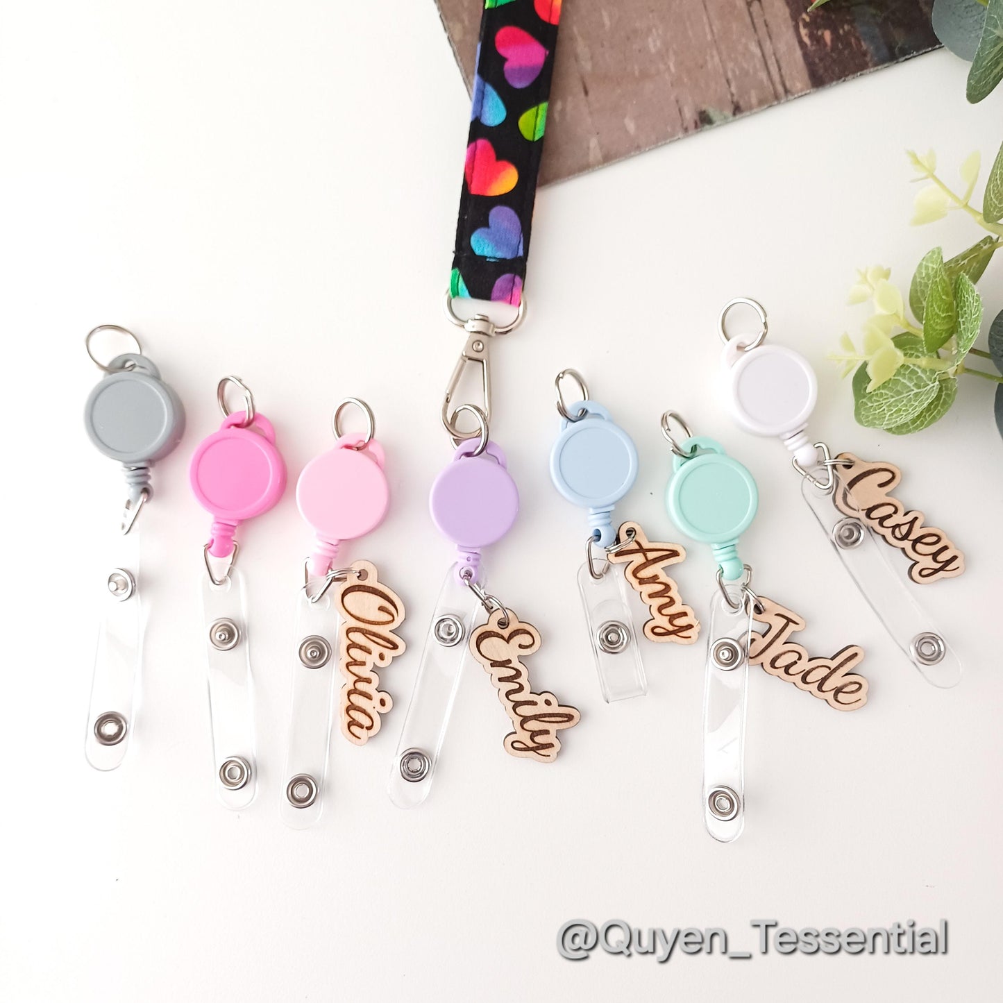 Personalized Boho Name Badge Reel Engraved Wood ID Holder