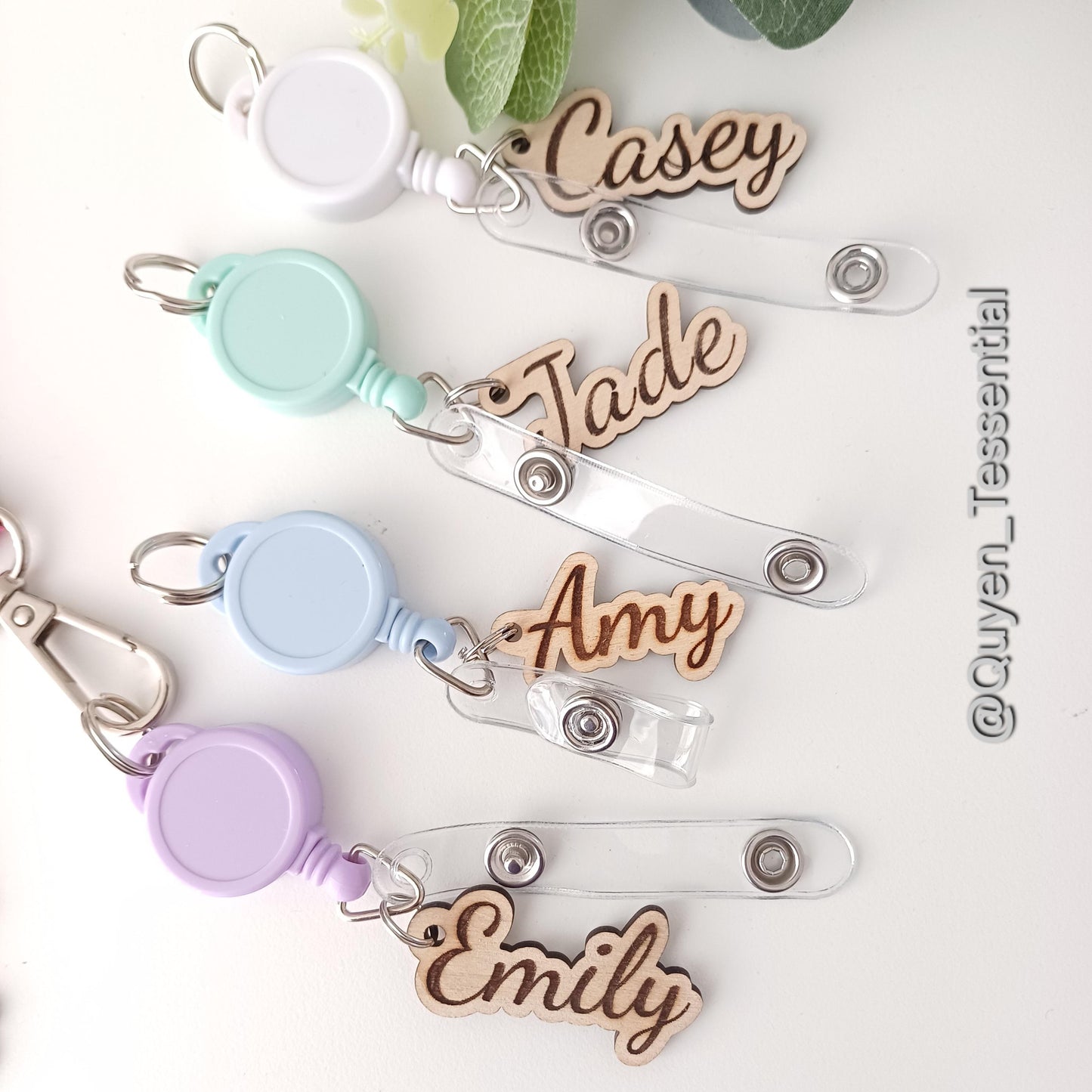 Personalized Boho Name Badge Reel Engraved Wood ID Holder