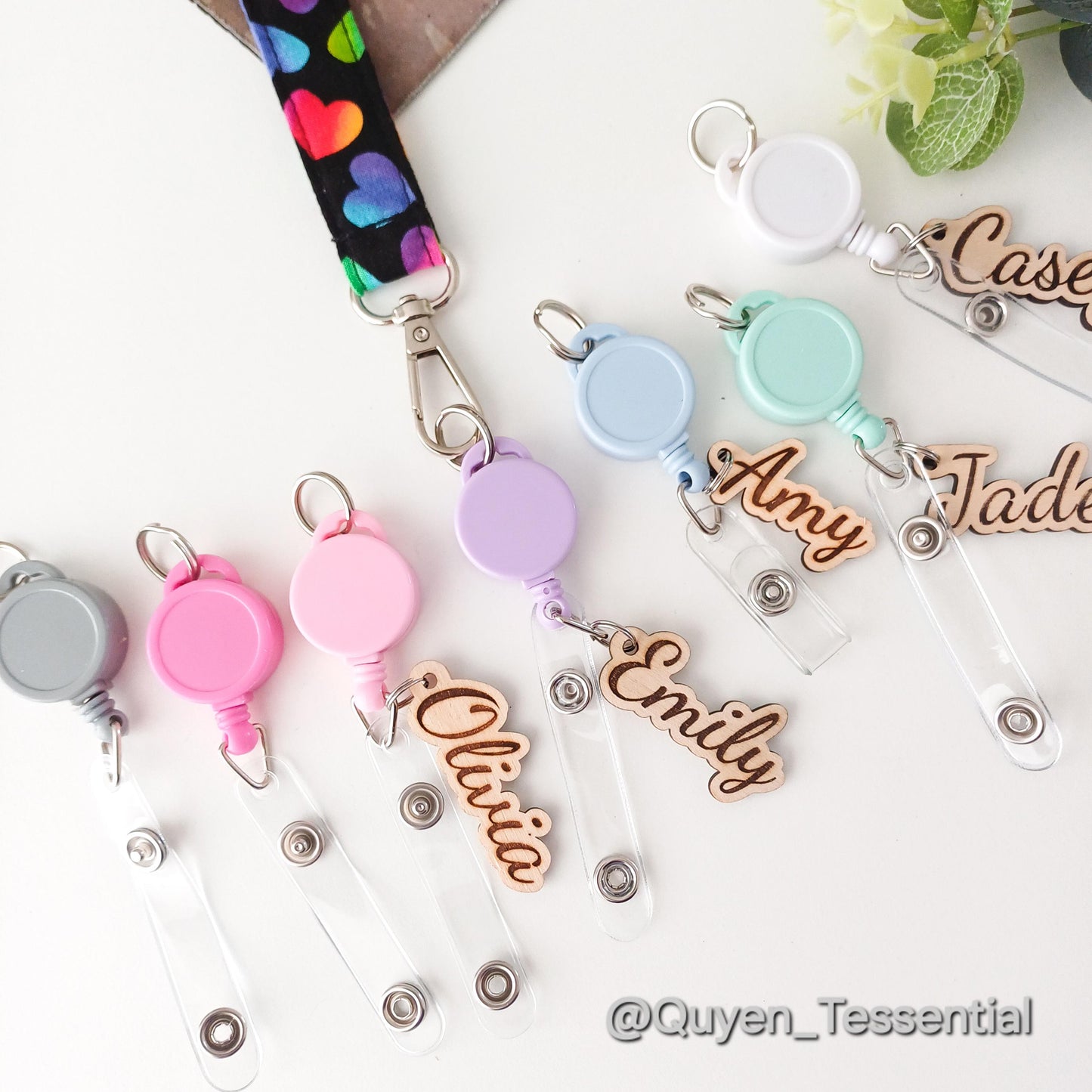 Personalized Boho Name Badge Reel Engraved Wood ID Holder