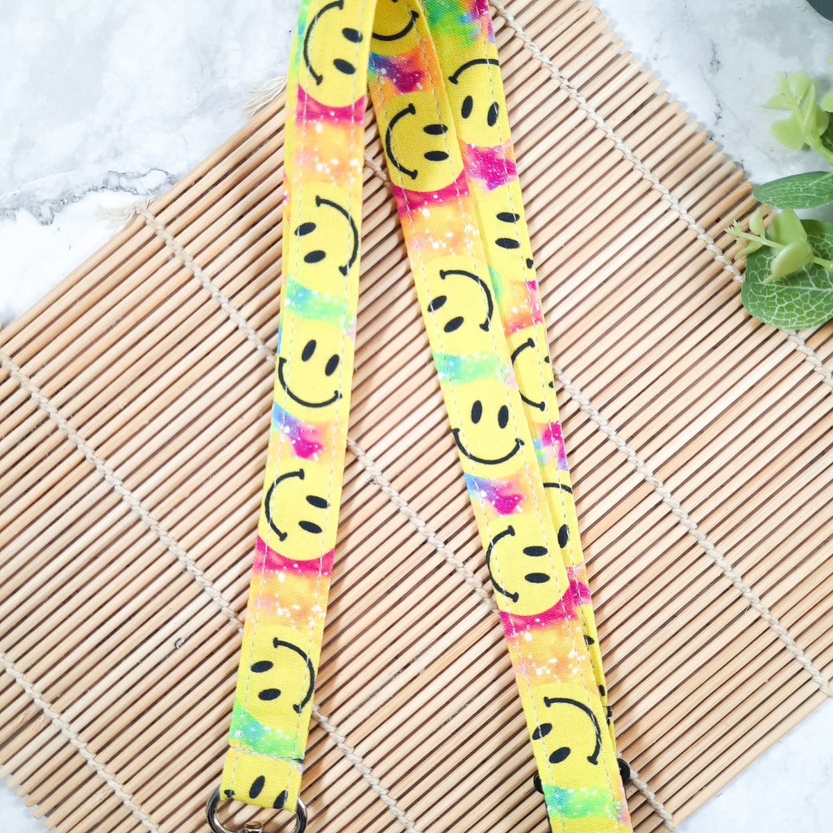 Smiley Face Lanyard: Breakaway ID Holder, Cotton Fabric Keychain