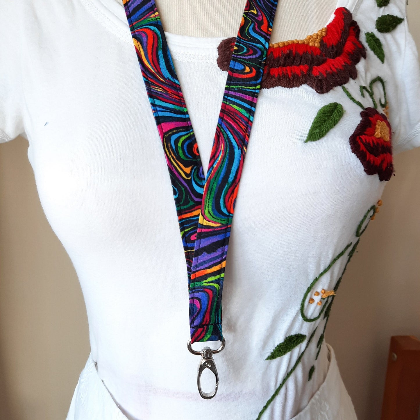 Rainbow swirl lanyard, Artists lanyard, Abstract key holder, breakaway Id holder, fabric key chain, Art Teacher gift UK