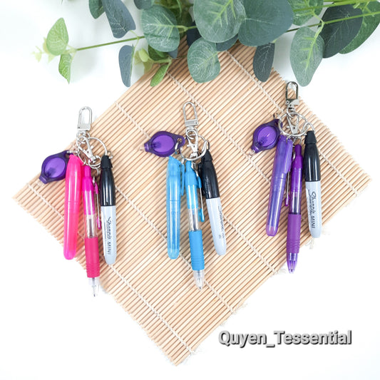 Mini Pen Set for Lanyard: Black Sharpie, Retractable Pen, Highlighter, LED Light