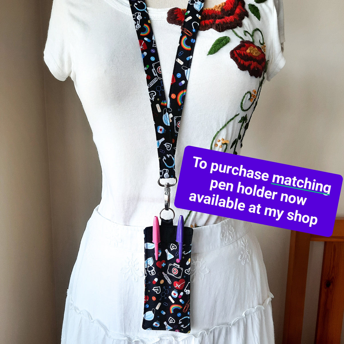 Smiley Face Lanyard: Breakaway ID Holder, Cotton Fabric Keychain