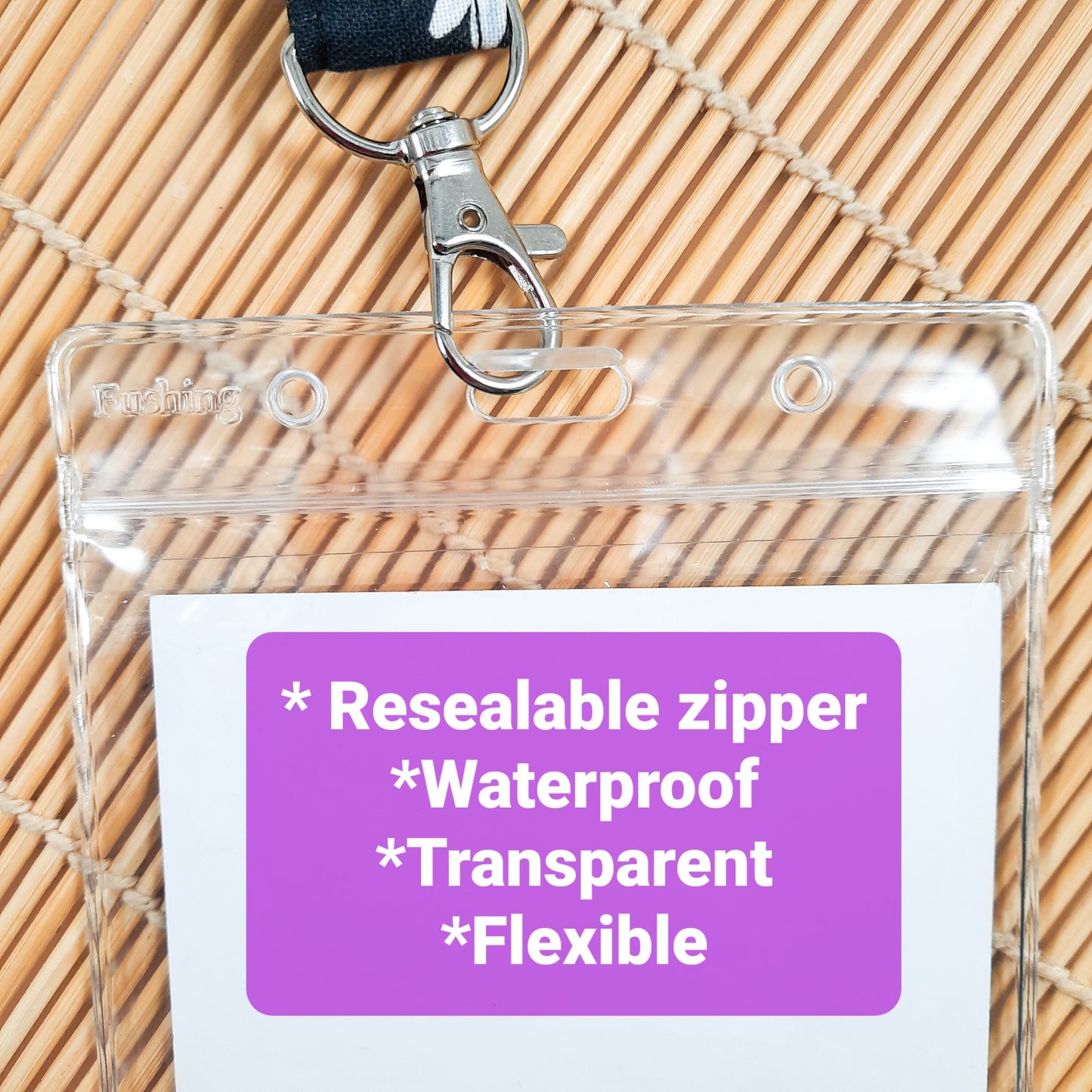 Clear vinyl horizontal card holder, Resealable ID tag holder, Lanyard slots for travel