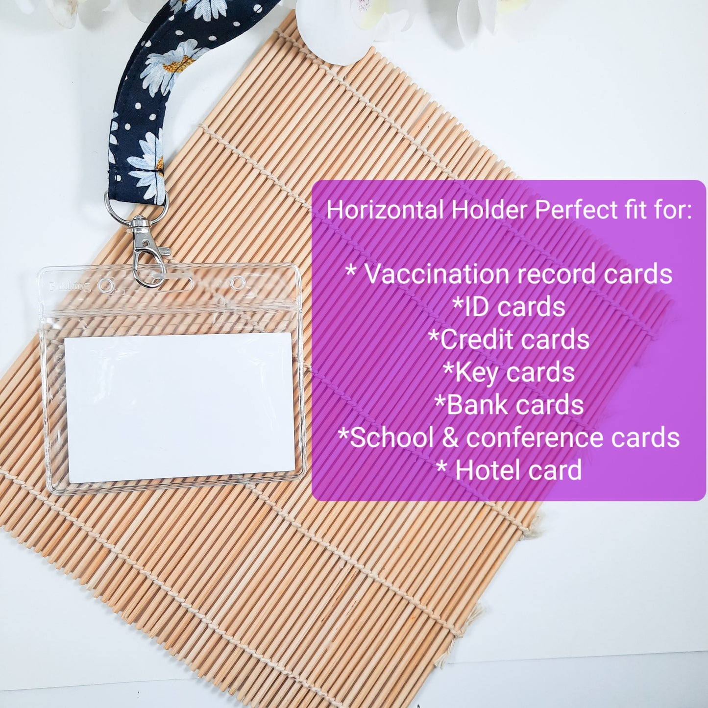 Clear vinyl horizontal card holder, Resealable ID tag holder, Lanyard slots for travel