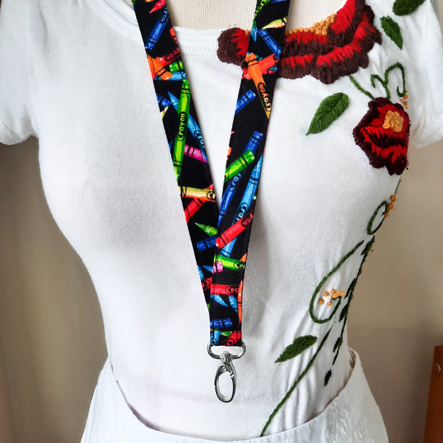 Crayon Lanyard Cotton Fabric Artist ID Holder, Rainbow Teacher lanyard